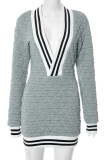 Grey Casual Stripe Deep V Neck Wrapped Skirt Dresses