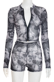 Black Sexy Print Zipper Zipper Collar Long Sleeve Two Pieces