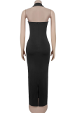 Black Sexy Solid Color Backless Hot Drill Halter Wrapped Skirt Dresses