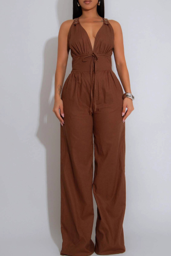 Brown Casual Solid Color Strap Design V Neck Regular Jumpsuits