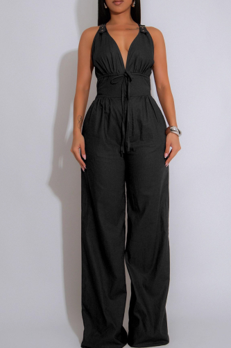 Black Casual Solid Color Strap Design V Neck Regular Jumpsuits