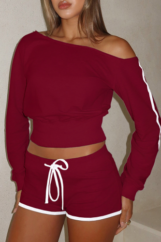 Burgundy Casual Solid Color Draw String Oblique Collar Long Sleeve Two Pieces