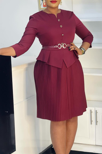 Burgundy Elegant Solid Color With Belt Pleated O Neck Long Dresses