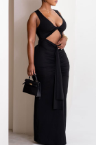 Black Sexy Solid Color Hollow Out V Neck Long Dresses