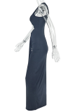 Black Sexy Solid Color Hollow Out V Neck Long Dresses