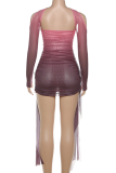 Purple Sexy Gradient Patchwork Strapless Long Sleeve Two Pieces