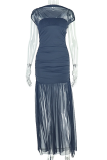 Black Elegant Solid Color Ruched O Neck Long Dresses