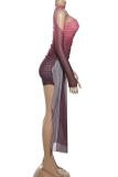 Purple Sexy Gradient Patchwork Strapless Long Sleeve Two Pieces