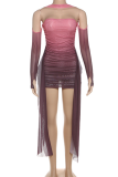 Purple Sexy Gradient Patchwork Strapless Long Sleeve Two Pieces