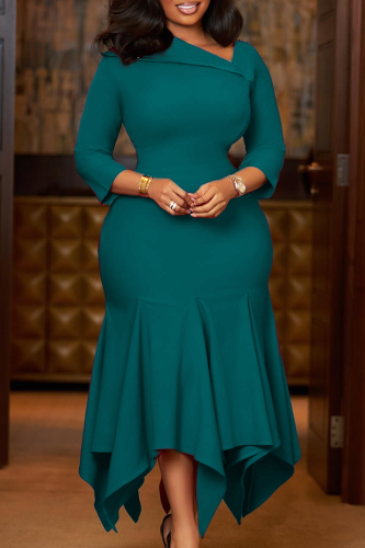 Malachite Green Elegant Solid Color Patchwork Oblique Collar Irregular Dresses