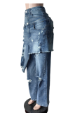 Light Blue Casual Solid Color Ripped Mid Waist Loose Denim Jeans