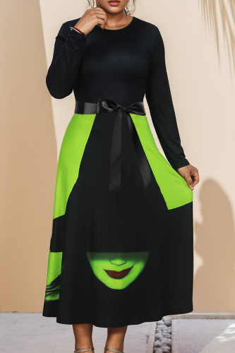Black Casual Print Contrast O Neck Long Dresses