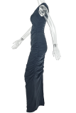 Black Sexy Solid Color Hollow Out O Neck Long Dresses