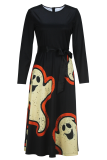 Black Casual Print Bow Decor O Neck Long Dresses