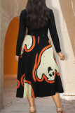 Black Casual Print Bow Decor O Neck Long Dresses