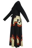 Black Casual Print Bow Decor O Neck Long Dresses