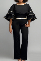 Black Casual Stripe O Neck Plus Size Two Pieces