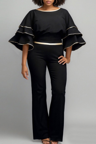 Black Casual Stripe O Neck Plus Size Two Pieces
