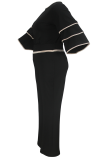 Black Casual Stripe O Neck Plus Size Two Pieces