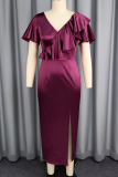 Burgundy Elegant Solid Color Slit Flounce V Neck Long Dresses