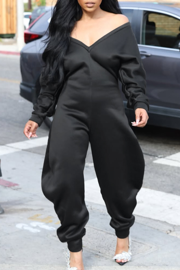 Black Casual Solid Color Patchwork V Neck Regular Jumpsuits