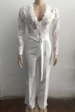 White Casual Solid Color Lace With Belt V Neck Regular Jumpsuits