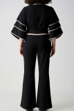 Black Casual Stripe O Neck Plus Size Two Pieces