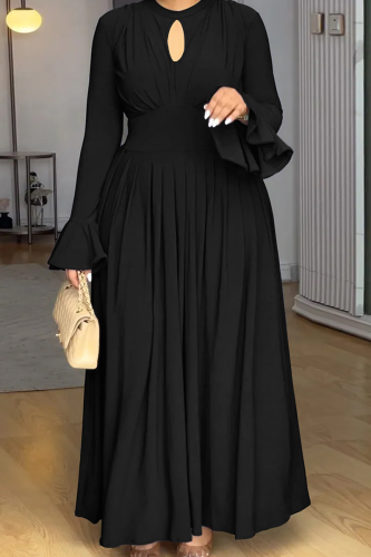Black Elegant Solid Color Hollow Out O Neck Long Plus Size Dresses