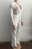 White Casual Solid Color Lace With Belt V Neck Regular Jumpsuits