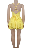 Yellow Sexy Solid Color Patchwork Spaghetti Strap Sling Dresses