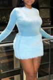 Black Sexy Solid Color Fluffy O Neck Long Sleeve Two Pieces(No Gloves)
