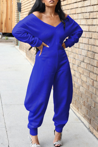 Deep Blue Casual Solid Color Patchwork V Neck Regular Jumpsuits