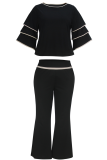 Black Casual Stripe O Neck Plus Size Two Pieces