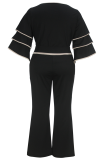 Black Casual Stripe O Neck Plus Size Two Pieces
