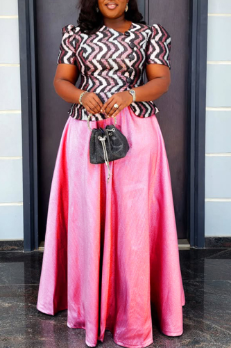 Pink Elegant Stripe Contrast Oblique Collar Plus Size Two Pieces