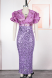 Blue Elegant Solid Color Sequins With Belt V Neck Wrapped Skirt Plus Size Dresses