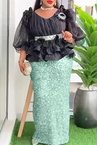 Light Green Elegant Solid Color Sequins Flower Shape O Neck Wrapped Skirt Plus Size Dresses