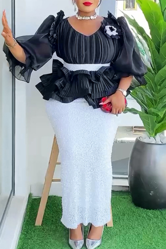 White Elegant Solid Color Sequins Flower Shape O Neck Wrapped Skirt Plus Size Dresses