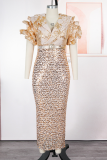 Blue Elegant Solid Color Sequins With Belt V Neck Wrapped Skirt Plus Size Dresses