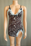 Leopard Print Sexy Leopard Print Lace Spaghetti Strap Wrapped Skirt Dresses