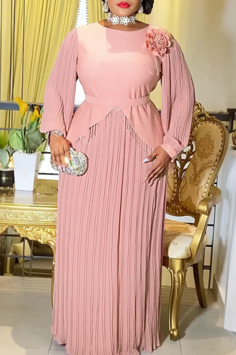 Pink Elegant Fringed Trim Pleated Flower Shape O Neck Long Plus Size Dresses