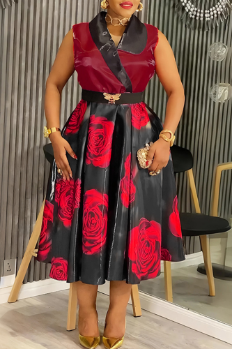 Black Elegant Print Contrast V Neck A Line Plus Size Dresses