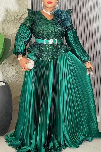Green Elegant Solid Color Sequins With Belt V Neck Long Plus Size Dresses