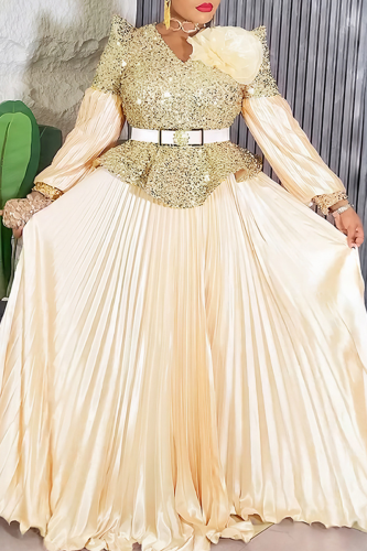 Champagne Elegant Solid Color Sequins With Belt V Neck Long Plus Size Dresses