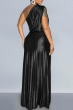 Black Elegant Solid Color Patchwork Oblique Collar Long Dresses