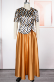 Yellow Elegant Stripe Contrast Oblique Collar Plus Size Two Pieces