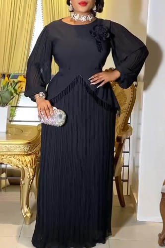 Black Elegant Fringed Trim Pleated Flower Shape O Neck Long Plus Size Dresses