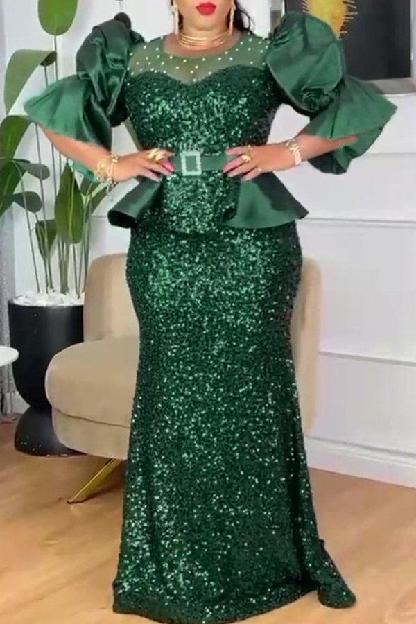 Green Elegant Solid Color Sequins O Neck Long Plus Size Dresses