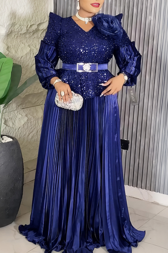 Deep Blue Elegant Solid Color Sequins With Belt V Neck Long Plus Size Dresses