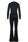 Black Casual Solid Color Zipper Hooded Long Sleeve Two Pieces